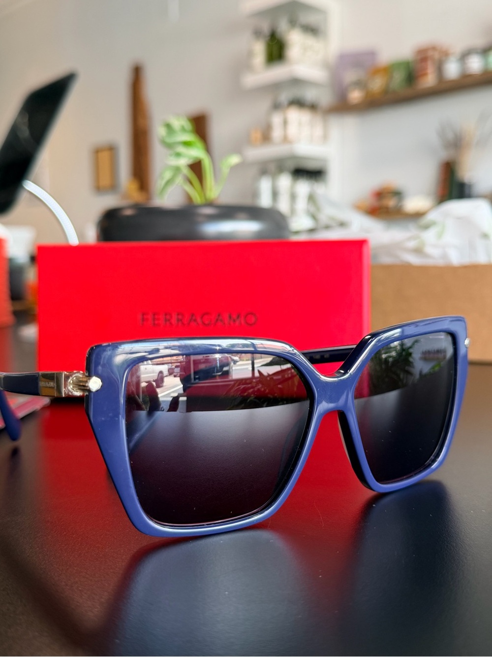 Ferragamo Square Navy Sunglasses excellent condition w box